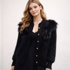 NEW Vintage-Inspired Black Angora Blend Sweater Cardigan Faux Fur Fox Stole S